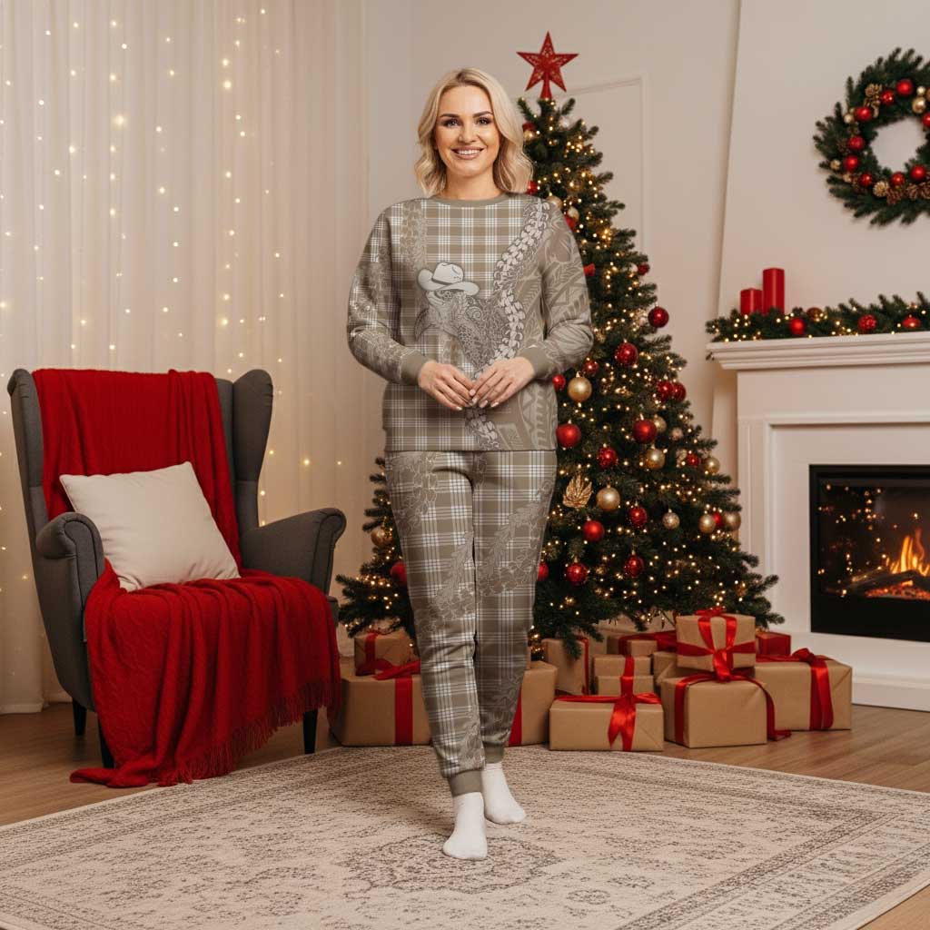Beige Hawaii Palaka Cowboy Turtle Christmas Pajama Set Hawaiian Paniolo Puakenikeni Maile Lei - Polynesian Pride