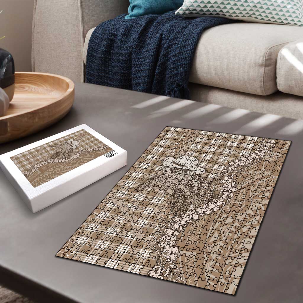 Beige Hawaii Palaka Cowboy Turtle Puzzle Hawaiian Paniolo Puakenikeni Maile Lei - Polynesian Pride