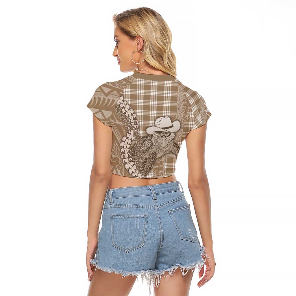 Beige Hawaii Palaka Cowboy Turtle Raglan Cropped T Shirt Hawaiian Paniolo Puakenikeni Maile Lei - Polynesian Pride