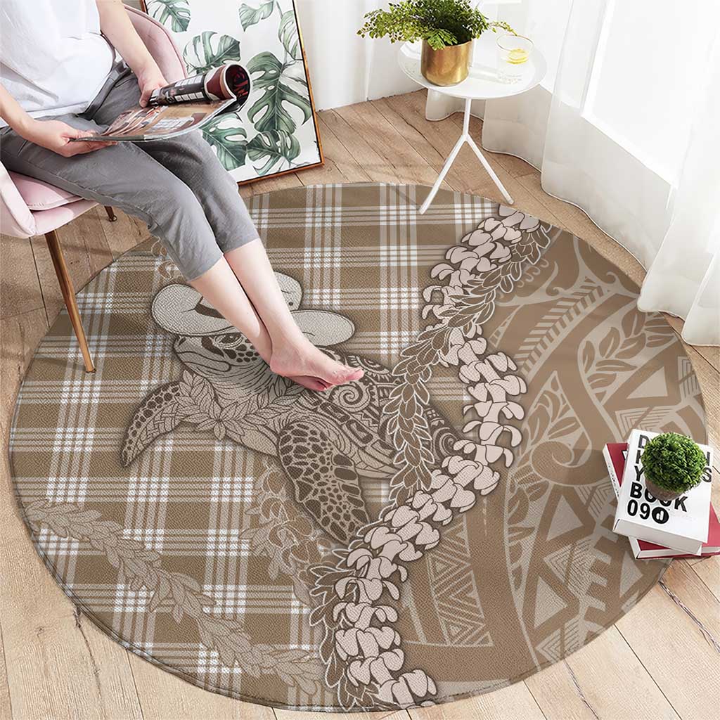 Beige Hawaii Palaka Cowboy Turtle Round Carpet Hawaiian Paniolo Puakenikeni Maile Lei - Polynesian Pride