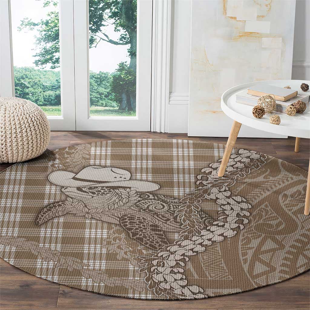 Beige Hawaii Palaka Cowboy Turtle Round Carpet Hawaiian Paniolo Puakenikeni Maile Lei - Polynesian Pride