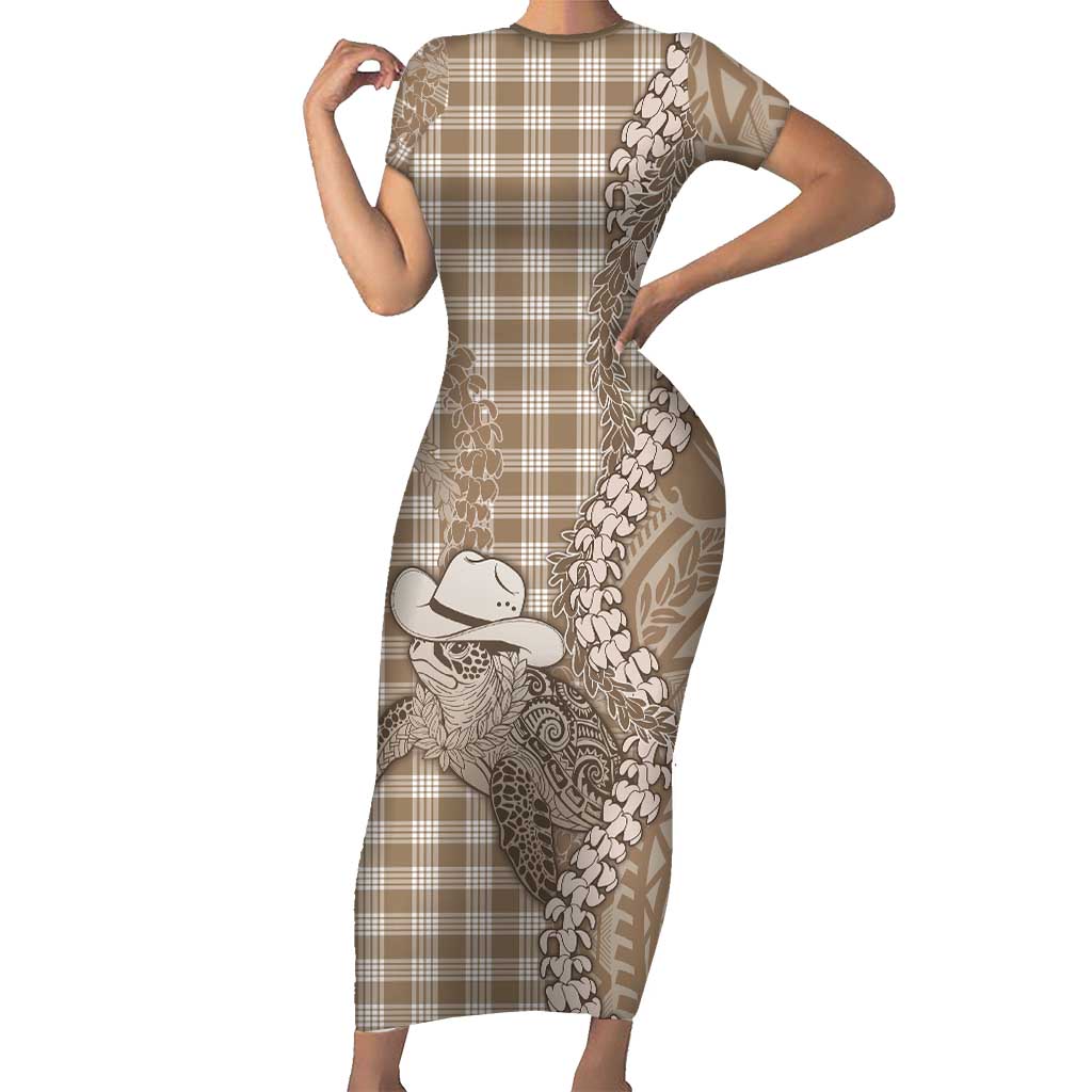 Beige Hawaii Palaka Cowboy Turtle Short Sleeve Bodycon Dress Hawaiian Paniolo Puakenikeni Maile Lei - Polynesian Pride