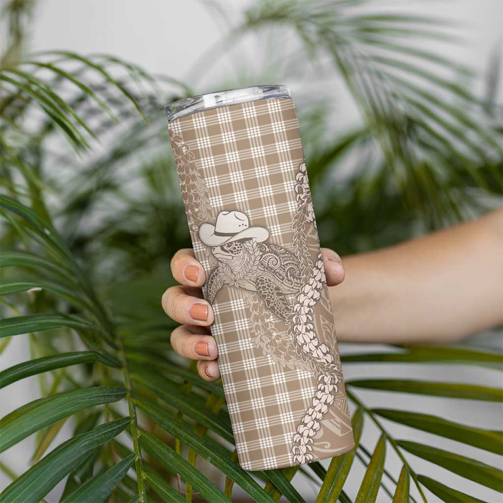 Beige Hawaii Palaka Cowboy Turtle Skinny Tumbler Hawaiian Paniolo Puakenikeni Maile Lei DT05 - Polynesian Pride