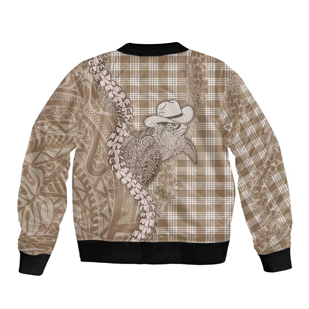 Beige Hawaii Palaka Cowboy Turtle Sleeve Zip Bomber Jacket Hawaiian Paniolo Puakenikeni Maile Lei - Polynesian Pride
