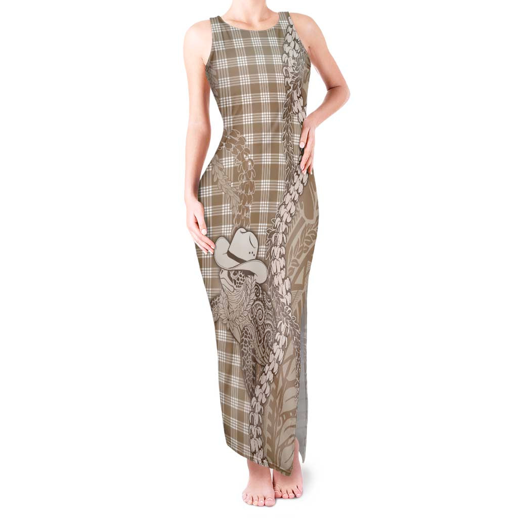 Beige Hawaii Palaka Cowboy Turtle Tank Maxi Dress Hawaiian Paniolo Puakenikeni Maile Lei - Polynesian Pride
