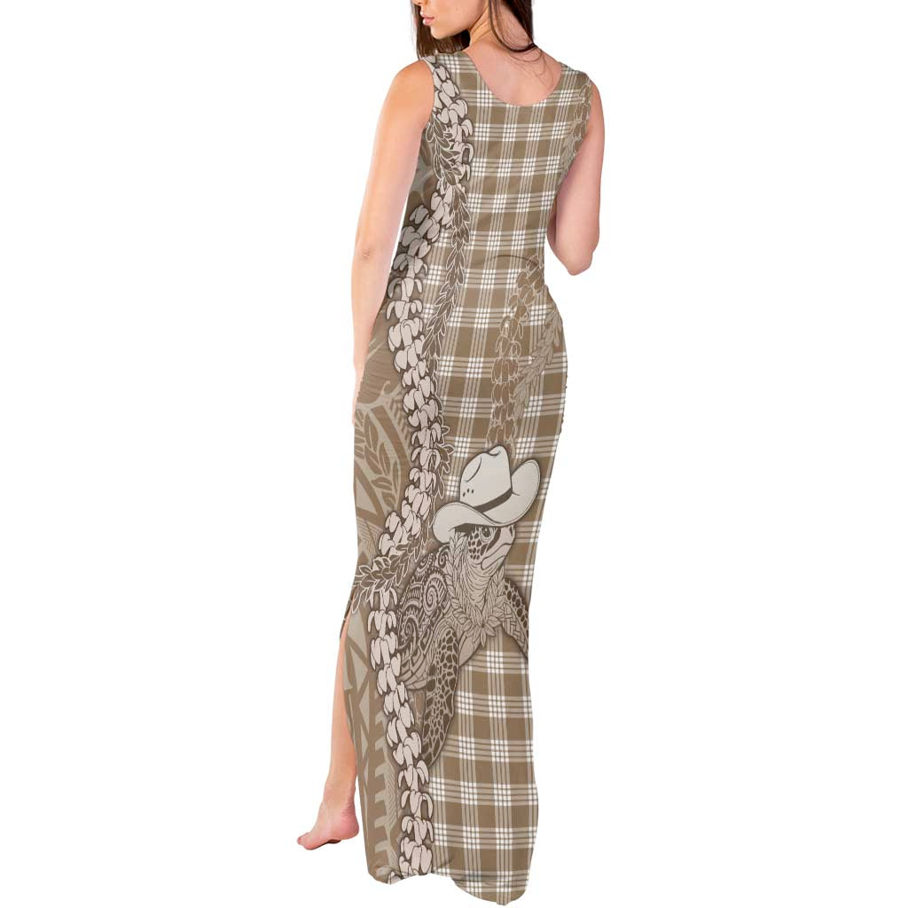 Beige Hawaii Palaka Cowboy Turtle Tank Maxi Dress Hawaiian Paniolo Puakenikeni Maile Lei - Polynesian Pride