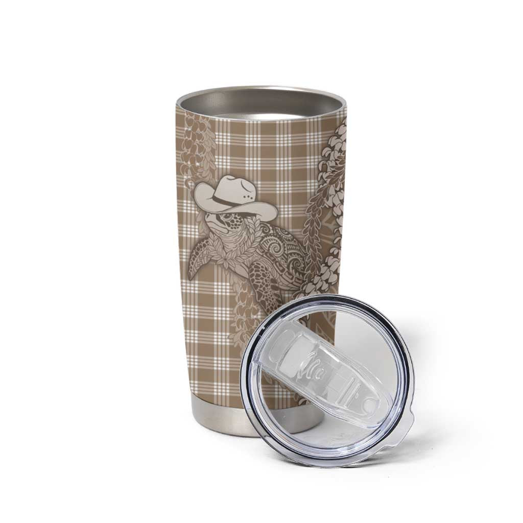 Beige Hawaii Palaka Cowboy Turtle Tumbler Cup Hawaiian Paniolo Puakenikeni Maile Lei - Polynesian Pride