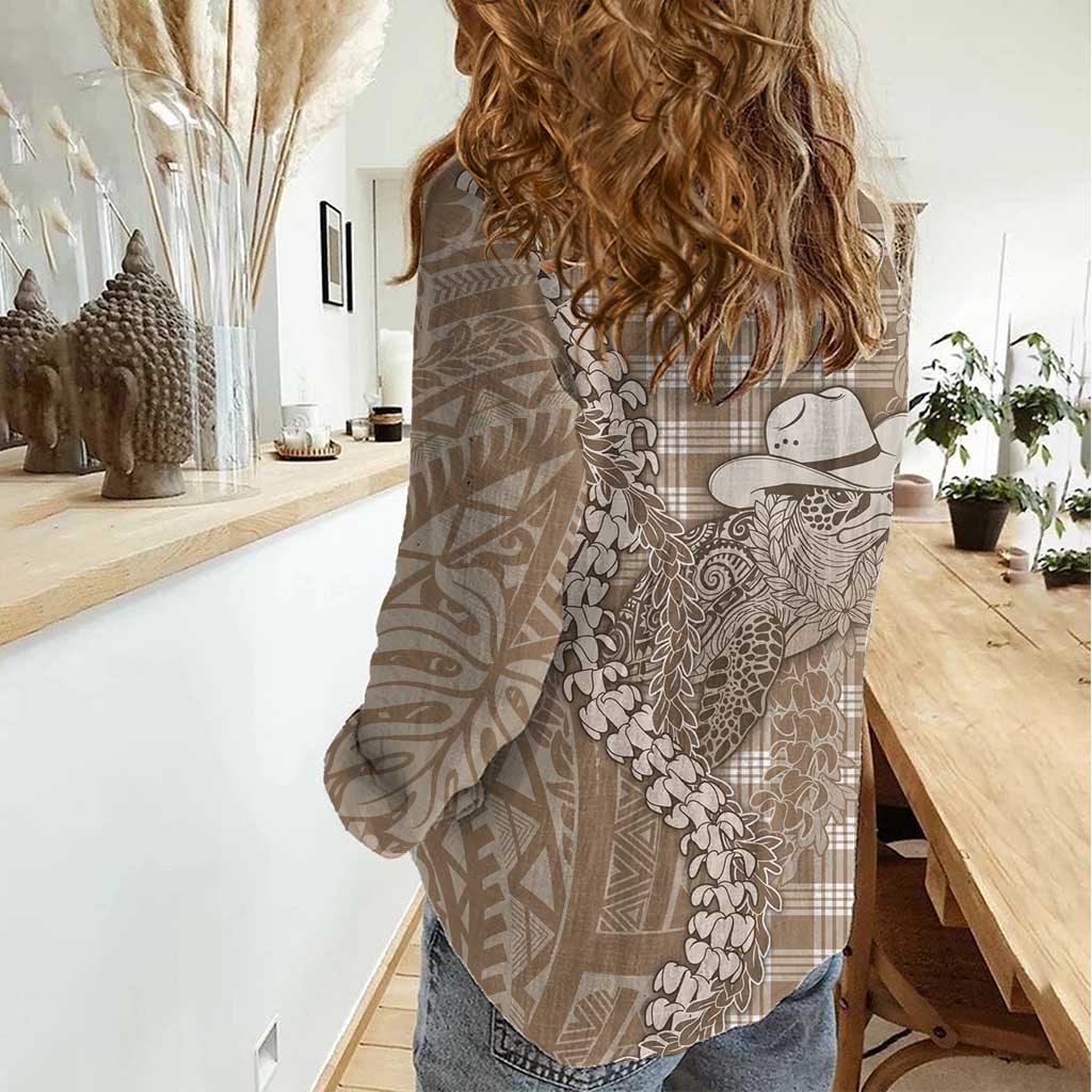Beige Hawaii Palaka Cowboy Turtle Women Casual Shirt Hawaiian Paniolo Puakenikeni Maile Lei DT05 - Polynesian Pride