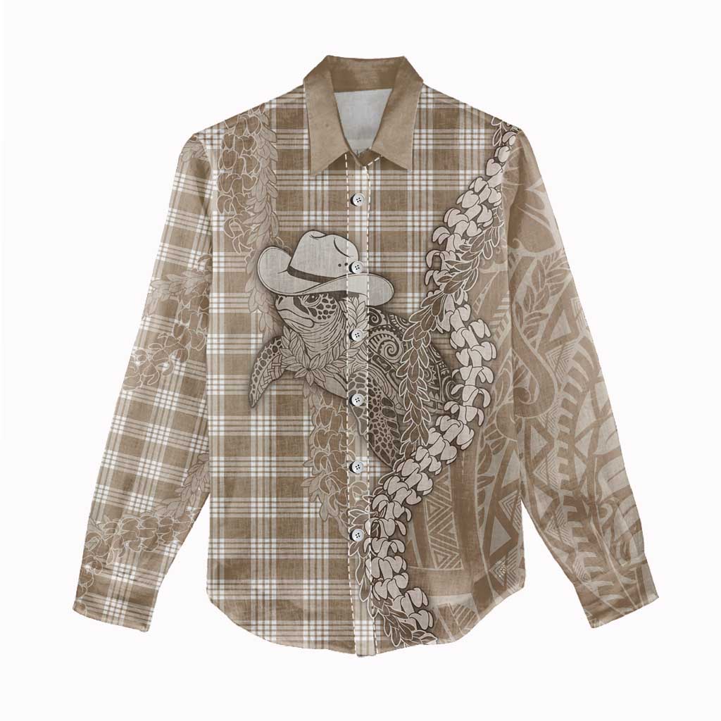 Beige Hawaii Palaka Cowboy Turtle Women Casual Shirt Hawaiian Paniolo Puakenikeni Maile Lei DT05 - Polynesian Pride