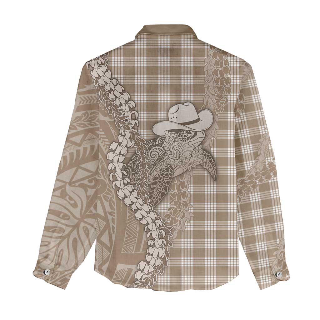 Beige Hawaii Palaka Cowboy Turtle Women Casual Shirt Hawaiian Paniolo Puakenikeni Maile Lei DT05 - Polynesian Pride