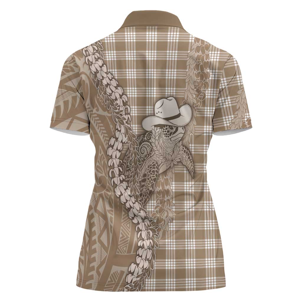 Beige Hawaii Palaka Cowboy Turtle Women Polo Shirt Hawaiian Paniolo Puakenikeni Maile Lei DT05 - Polynesian Pride