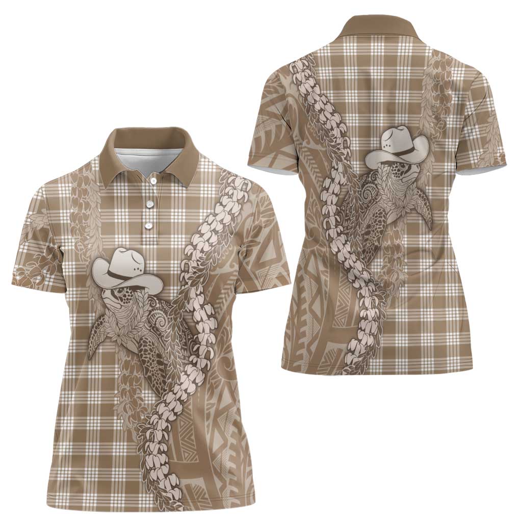 Beige Hawaii Palaka Cowboy Turtle Women Polo Shirt Hawaiian Paniolo Puakenikeni Maile Lei DT05 - Polynesian Pride