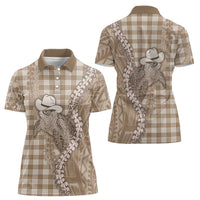 Beige Hawaii Palaka Cowboy Turtle Women Polo Shirt Hawaiian Paniolo Puakenikeni Maile Lei DT05 - Polynesian Pride