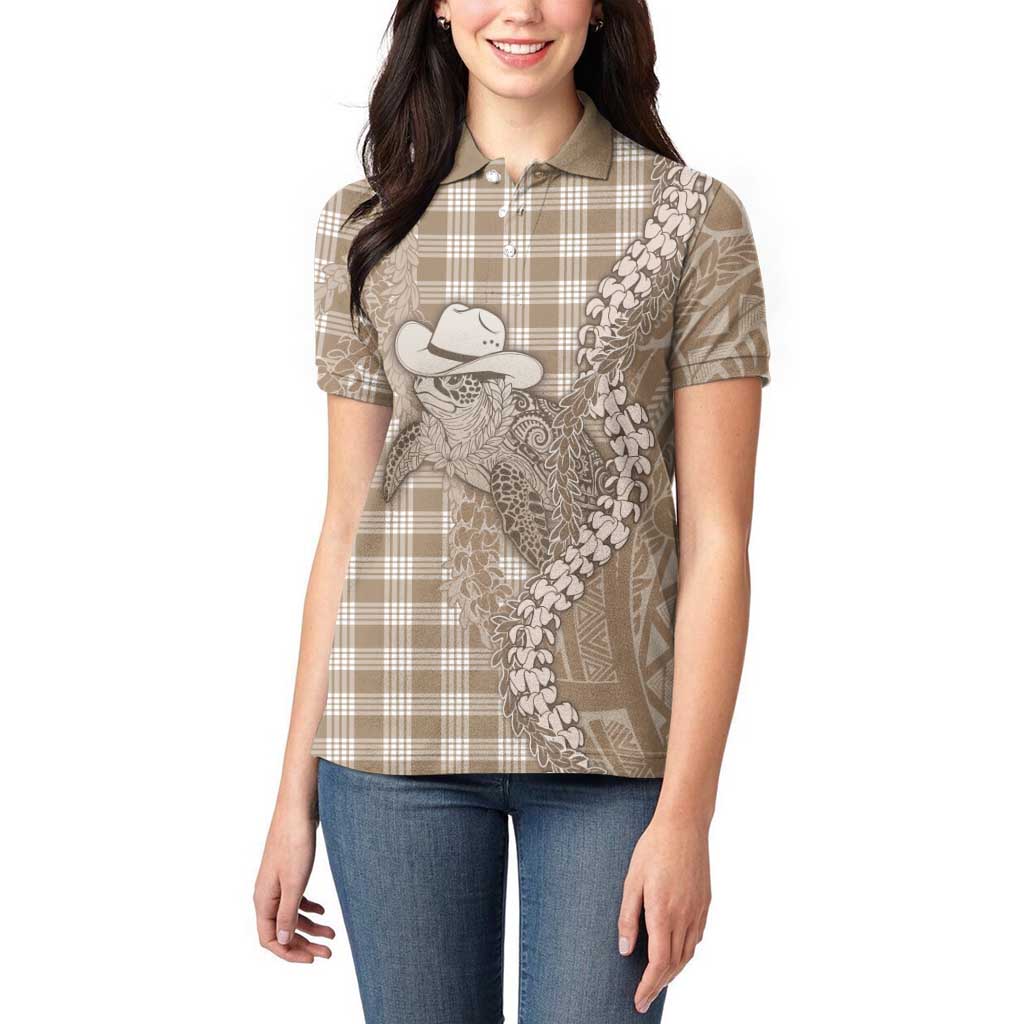 Beige Hawaii Palaka Cowboy Turtle Women Polo Shirt Hawaiian Paniolo Puakenikeni Maile Lei DT05 - Polynesian Pride