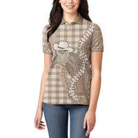 Beige Hawaii Palaka Cowboy Turtle Women Polo Shirt Hawaiian Paniolo Puakenikeni Maile Lei DT05 - Polynesian Pride
