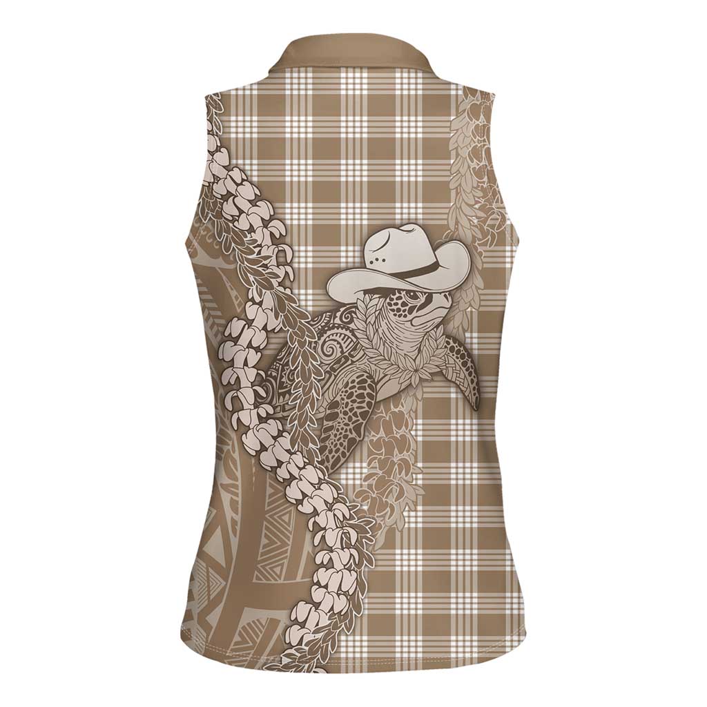 Beige Hawaii Palaka Cowboy Turtle Women Sleeveless Polo Shirt Hawaiian Paniolo Puakenikeni Maile Lei DT05 - Polynesian Pride