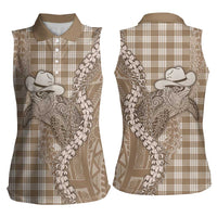 Beige Hawaii Palaka Cowboy Turtle Women Sleeveless Polo Shirt Hawaiian Paniolo Puakenikeni Maile Lei DT05 - Polynesian Pride
