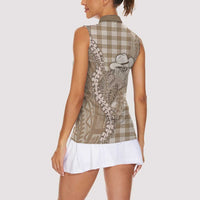 Beige Hawaii Palaka Cowboy Turtle Women Sleeveless Polo Shirt Hawaiian Paniolo Puakenikeni Maile Lei DT05 - Polynesian Pride