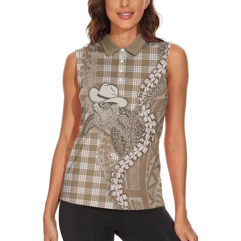 Beige Hawaii Palaka Cowboy Turtle Women Sleeveless Polo Shirt Hawaiian Paniolo Puakenikeni Maile Lei DT05 - Polynesian Pride