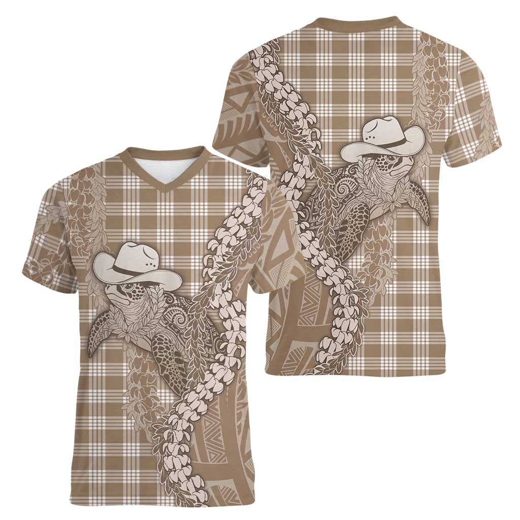 Beige Hawaii Palaka Cowboy Turtle Women V-Neck T-Shirt Hawaiian Paniolo Puakenikeni Maile Lei DT05 - Polynesian Pride