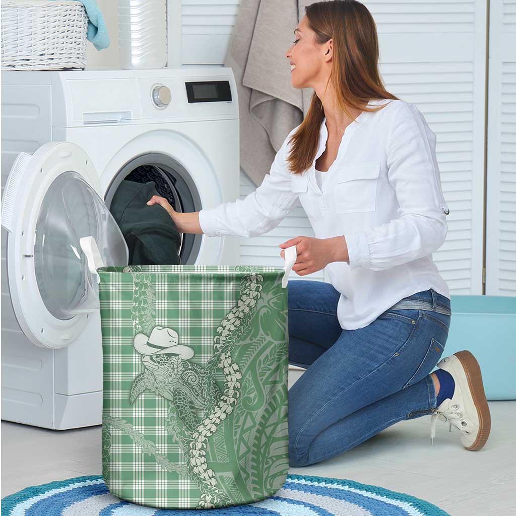 Green Hawaii Palaka Cowboy Turtle Laundry Basket Hawaiian Paniolo Puakenikeni Maile Lei - Polynesian Pride