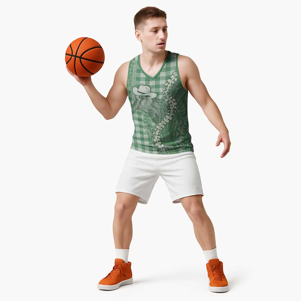 Green Hawaii Palaka Cowboy Turtle Basketball Jersey Hawaiian Paniolo Puakenikeni Maile Lei - Polynesian Pride