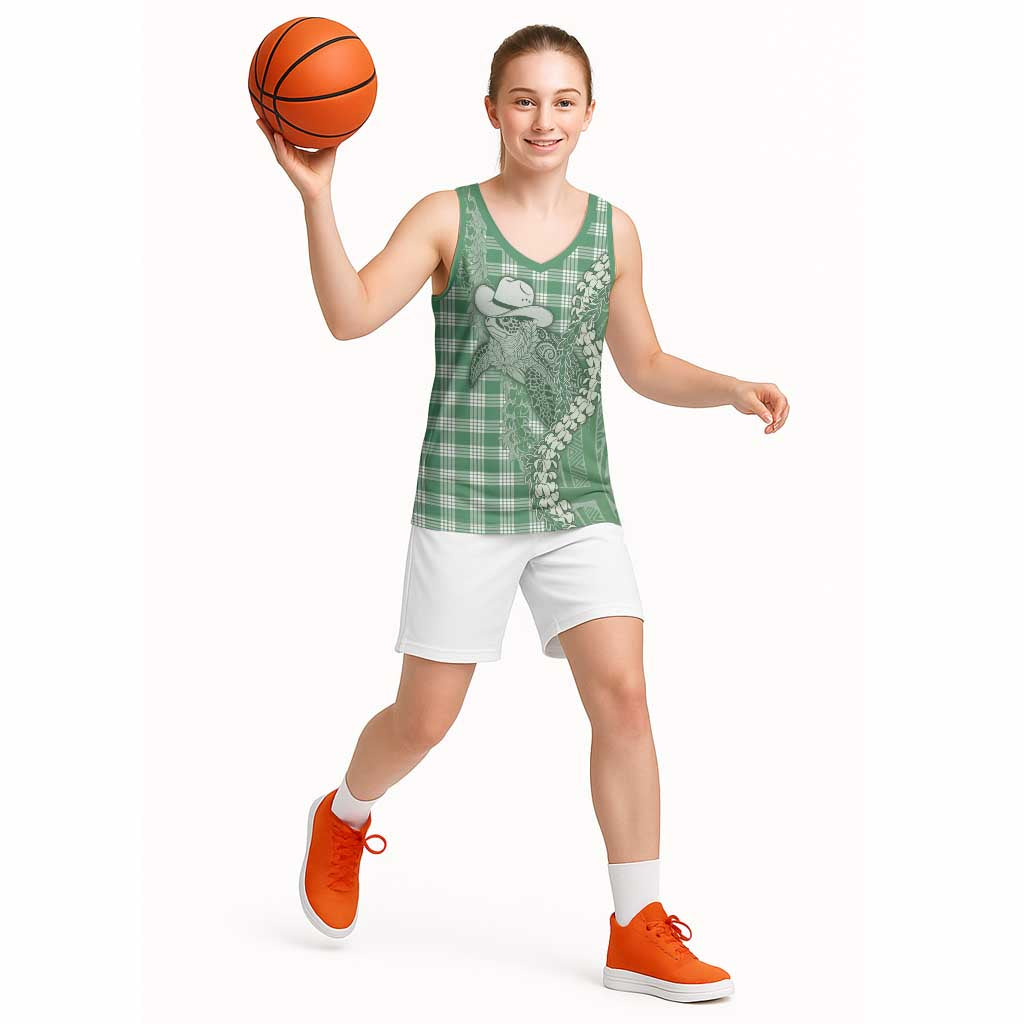 Green Hawaii Palaka Cowboy Turtle Basketball Jersey Hawaiian Paniolo Puakenikeni Maile Lei - Polynesian Pride
