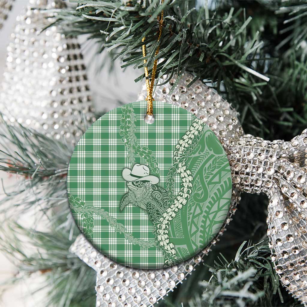 Green Hawaii Palaka Cowboy Turtle Ceramic Ornament Hawaiian Paniolo Puakenikeni Maile Lei - Polynesian Pride