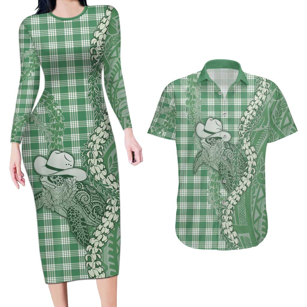 Green Hawaii Palaka Cowboy Turtle Couples Matching Long Sleeve Bodycon Dress and Hawaiian Shirt Hawaiian Paniolo Puakenikeni Maile Lei DT05 Green - Polynesian Pride