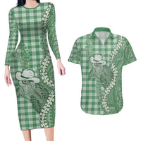 Green Hawaii Palaka Cowboy Turtle Couples Matching Long Sleeve Bodycon Dress and Hawaiian Shirt Hawaiian Paniolo Puakenikeni Maile Lei DT05 Green - Polynesian Pride