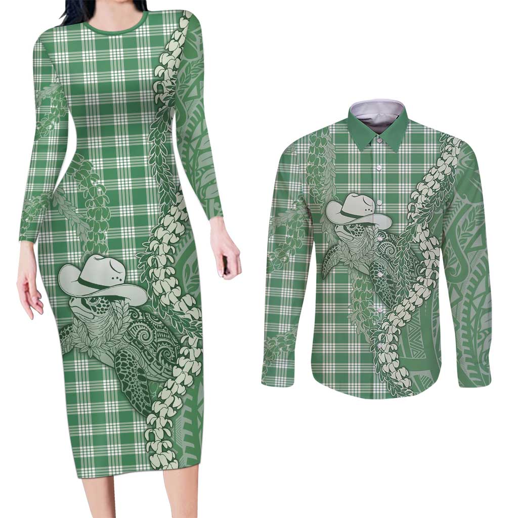 Green Hawaii Palaka Cowboy Turtle Couples Matching Long Sleeve Bodycon Dress and Long Sleeve Button Shirt Hawaiian Paniolo Puakenikeni Maile Lei DT05 Green - Polynesian Pride