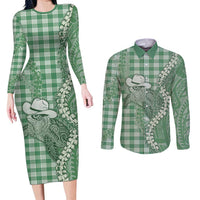 Green Hawaii Palaka Cowboy Turtle Couples Matching Long Sleeve Bodycon Dress and Long Sleeve Button Shirt Hawaiian Paniolo Puakenikeni Maile Lei DT05 Green - Polynesian Pride