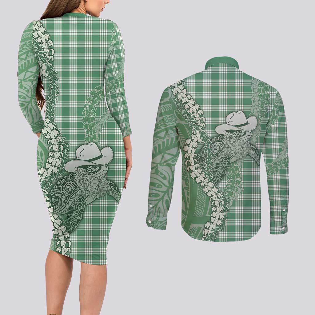 Green Hawaii Palaka Cowboy Turtle Couples Matching Long Sleeve Bodycon Dress and Long Sleeve Button Shirt Hawaiian Paniolo Puakenikeni Maile Lei DT05 - Polynesian Pride
