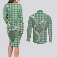 Green Hawaii Palaka Cowboy Turtle Couples Matching Long Sleeve Bodycon Dress and Long Sleeve Button Shirt Hawaiian Paniolo Puakenikeni Maile Lei DT05 - Polynesian Pride