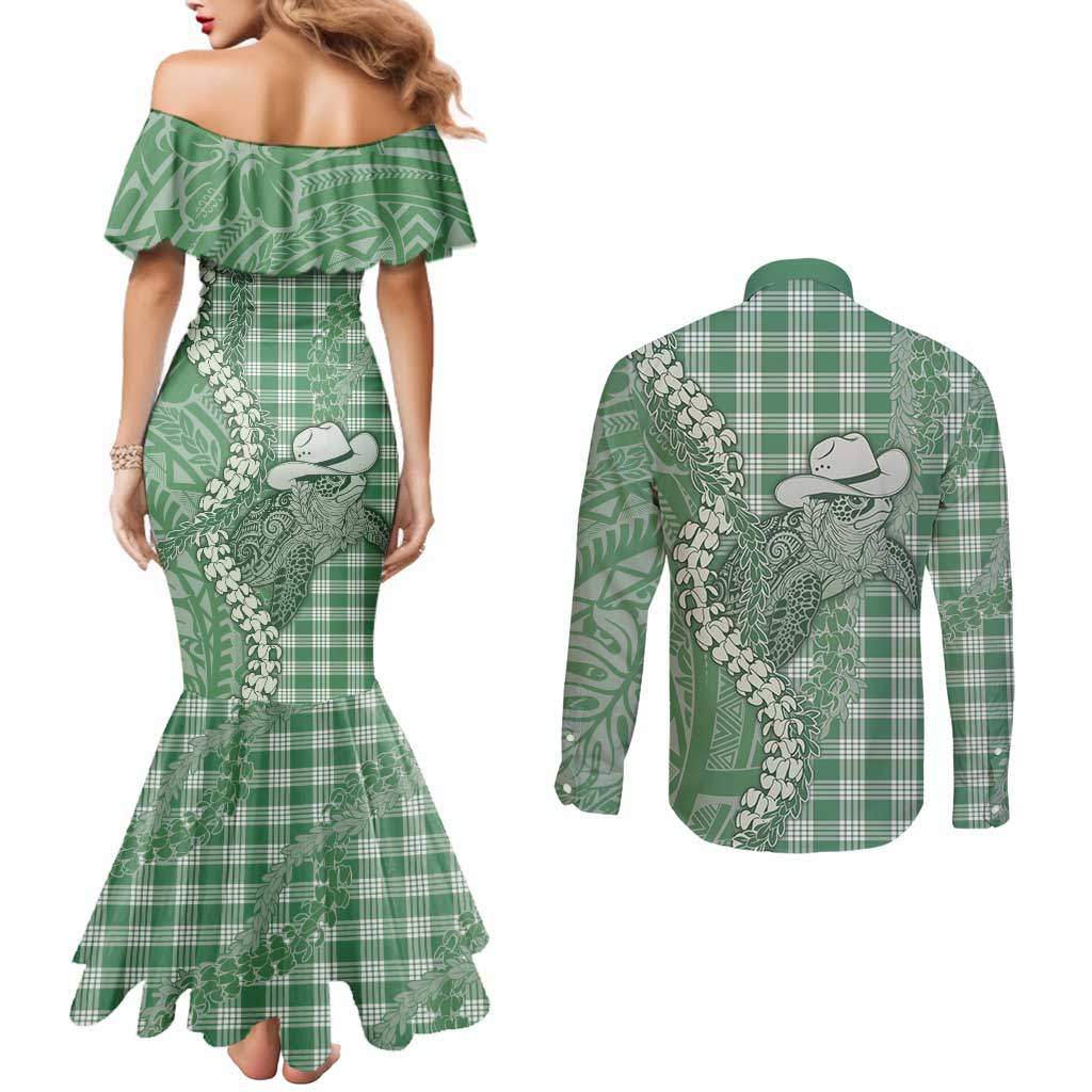 Green Hawaii Palaka Cowboy Turtle Couples Matching Mermaid Dress and Long Sleeve Button Shirt Hawaiian Paniolo Puakenikeni Maile Lei DT05 - Polynesian Pride