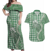 Green Hawaii Palaka Cowboy Turtle Couples Matching Off Shoulder Maxi Dress and Hawaiian Shirt Hawaiian Paniolo Puakenikeni Maile Lei DT05 Green - Polynesian Pride