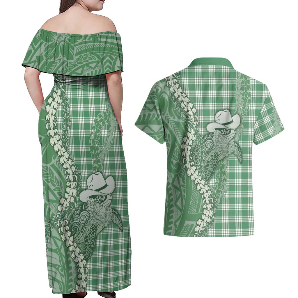Green Hawaii Palaka Cowboy Turtle Couples Matching Off Shoulder Maxi Dress and Hawaiian Shirt Hawaiian Paniolo Puakenikeni Maile Lei DT05 - Polynesian Pride