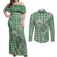 Green Hawaii Palaka Cowboy Turtle Couples Matching Off Shoulder Maxi Dress and Long Sleeve Button Shirt Hawaiian Paniolo Puakenikeni Maile Lei DT05 Green - Polynesian Pride