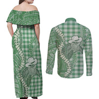 Green Hawaii Palaka Cowboy Turtle Couples Matching Off Shoulder Maxi Dress and Long Sleeve Button Shirt Hawaiian Paniolo Puakenikeni Maile Lei DT05 - Polynesian Pride
