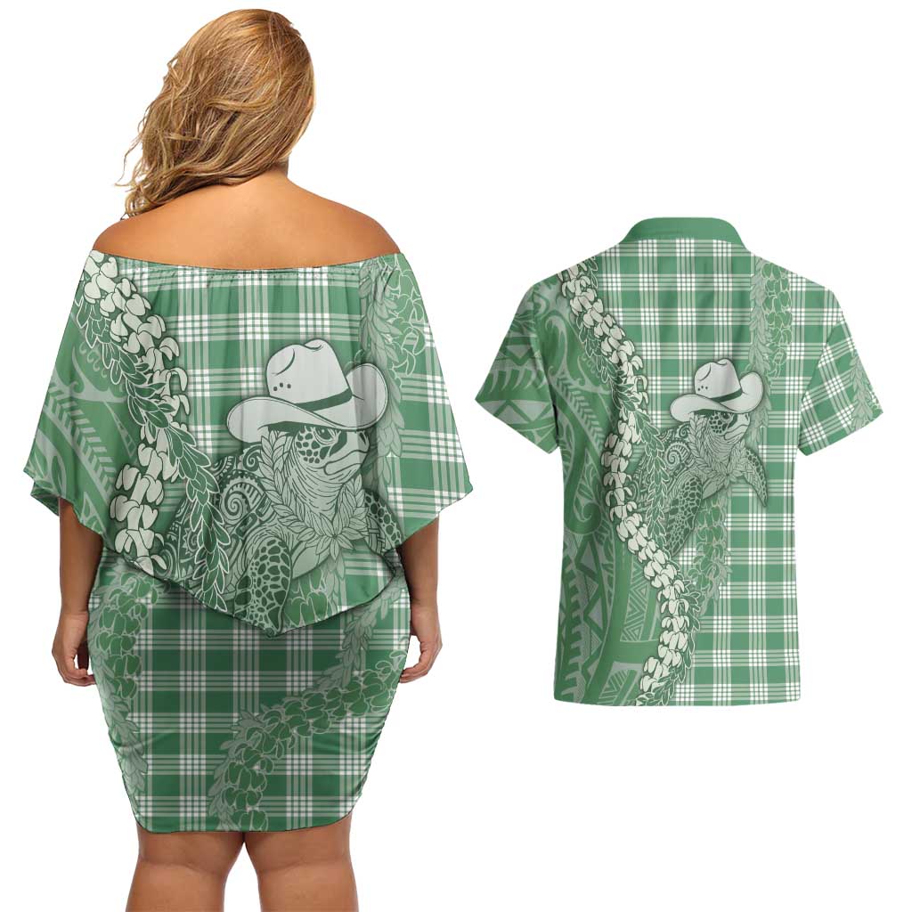 Green Hawaii Palaka Cowboy Turtle Couples Matching Off Shoulder Short Dress and Hawaiian Shirt Hawaiian Paniolo Puakenikeni Maile Lei DT05 - Polynesian Pride
