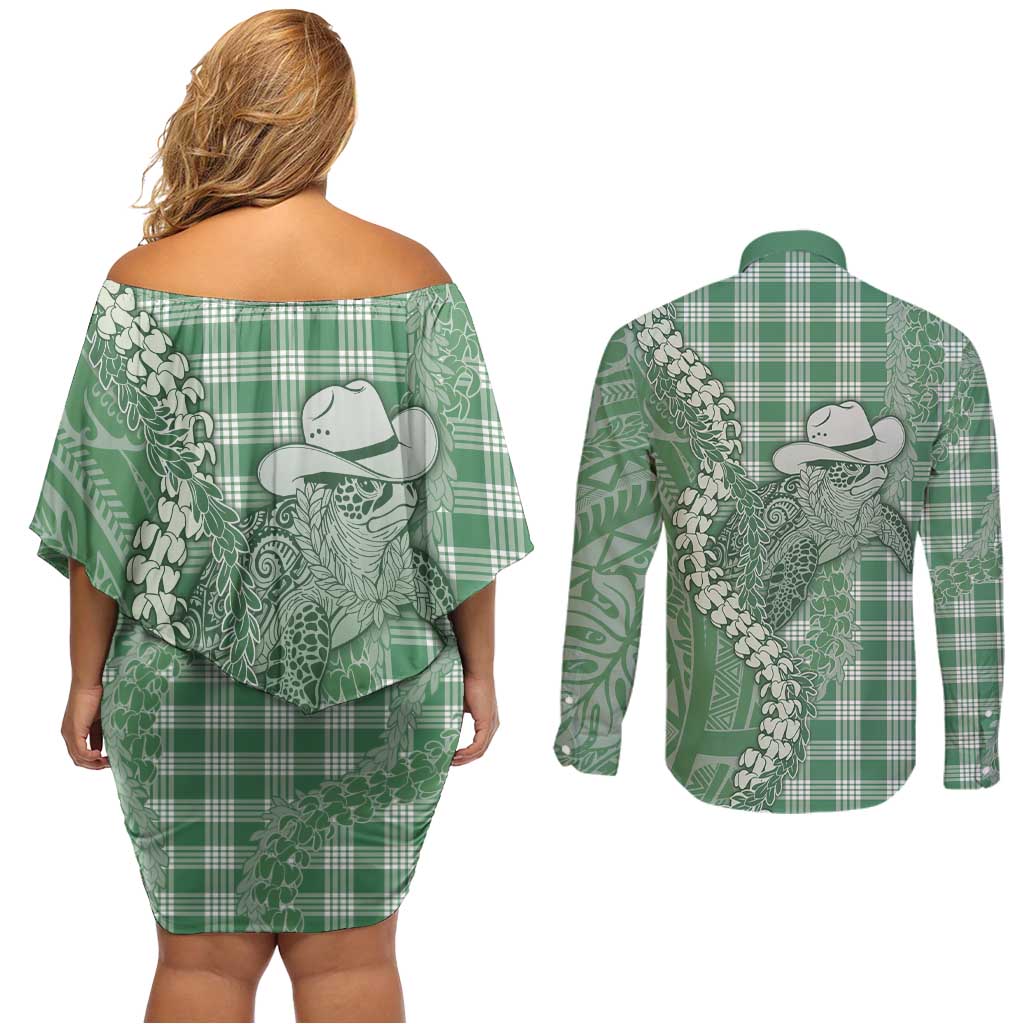 Green Hawaii Palaka Cowboy Turtle Couples Matching Off Shoulder Short Dress and Long Sleeve Button Shirt Hawaiian Paniolo Puakenikeni Maile Lei DT05 - Polynesian Pride