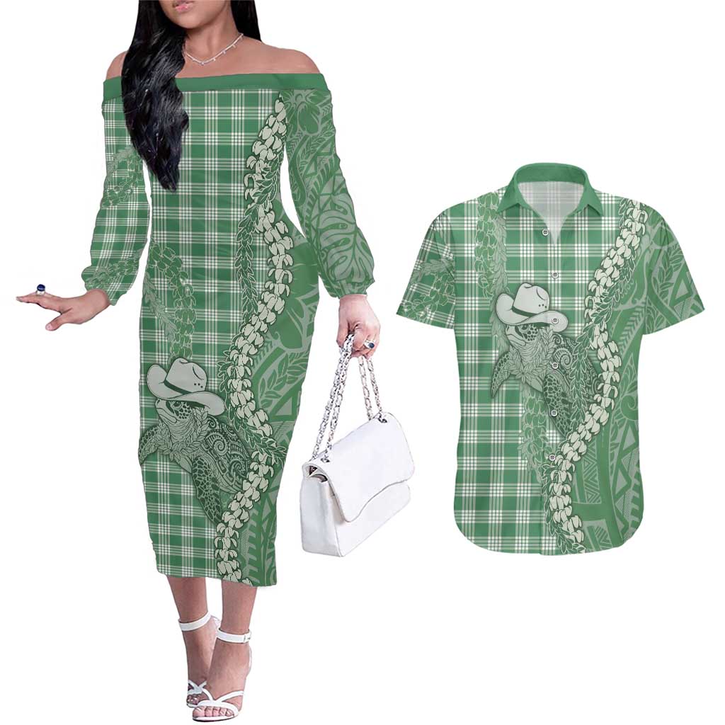 Green Hawaii Palaka Cowboy Turtle Couples Matching Off The Shoulder Long Sleeve Dress and Hawaiian Shirt Hawaiian Paniolo Puakenikeni Maile Lei DT05 Green - Polynesian Pride