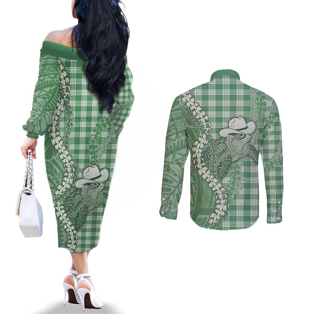 Green Hawaii Palaka Cowboy Turtle Couples Matching Off The Shoulder Long Sleeve Dress and Long Sleeve Button Shirt Hawaiian Paniolo Puakenikeni Maile Lei DT05 - Polynesian Pride
