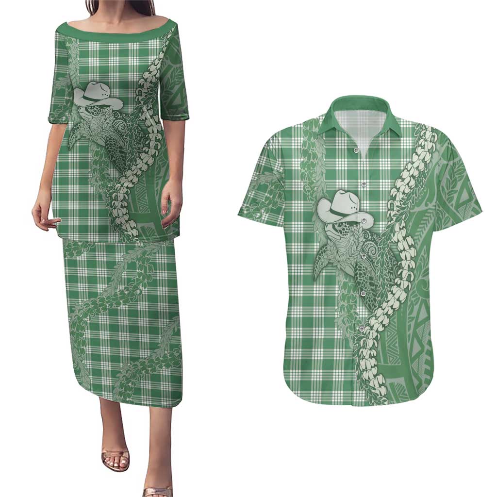 Green Hawaii Palaka Cowboy Turtle Couples Matching Puletasi and Hawaiian Shirt Hawaiian Paniolo Puakenikeni Maile Lei - Polynesian Pride