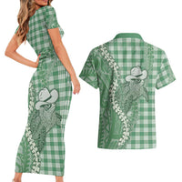 Green Hawaii Palaka Cowboy Turtle Couples Matching Short Sleeve Bodycon Dress and Hawaiian Shirt Hawaiian Paniolo Puakenikeni Maile Lei DT05 - Polynesian Pride
