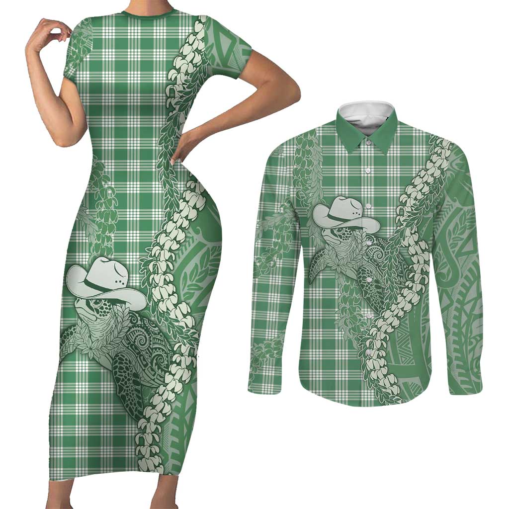 Green Hawaii Palaka Cowboy Turtle Couples Matching Short Sleeve Bodycon Dress and Long Sleeve Button Shirt Hawaiian Paniolo Puakenikeni Maile Lei - Polynesian Pride