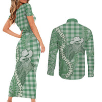 Green Hawaii Palaka Cowboy Turtle Couples Matching Short Sleeve Bodycon Dress and Long Sleeve Button Shirt Hawaiian Paniolo Puakenikeni Maile Lei DT05 - Polynesian Pride