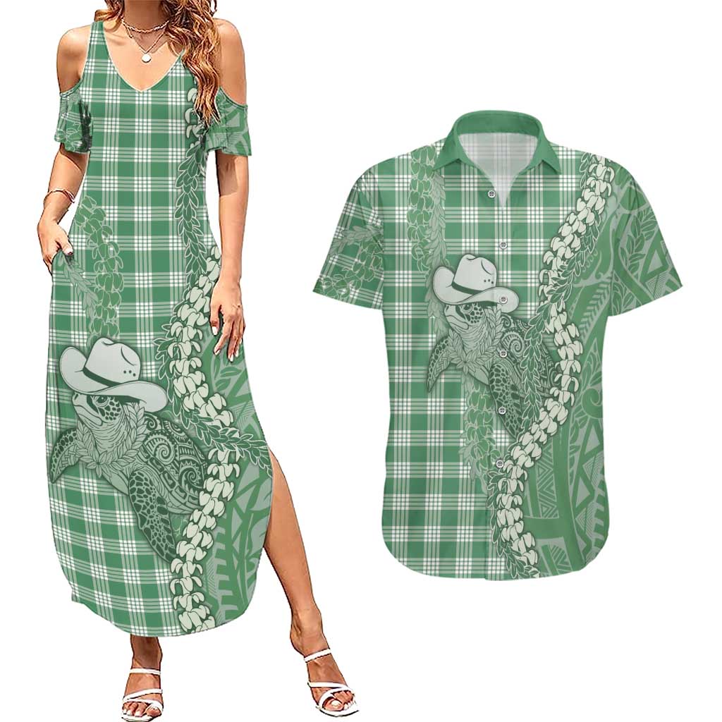 Green Hawaii Palaka Cowboy Turtle Couples Matching Summer Maxi Dress and Hawaiian Shirt Hawaiian Paniolo Puakenikeni Maile Lei - Polynesian Pride