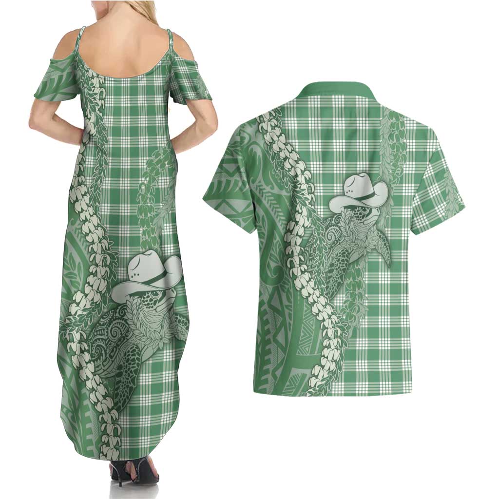 Green Hawaii Palaka Cowboy Turtle Couples Matching Summer Maxi Dress and Hawaiian Shirt Hawaiian Paniolo Puakenikeni Maile Lei DT05 - Polynesian Pride
