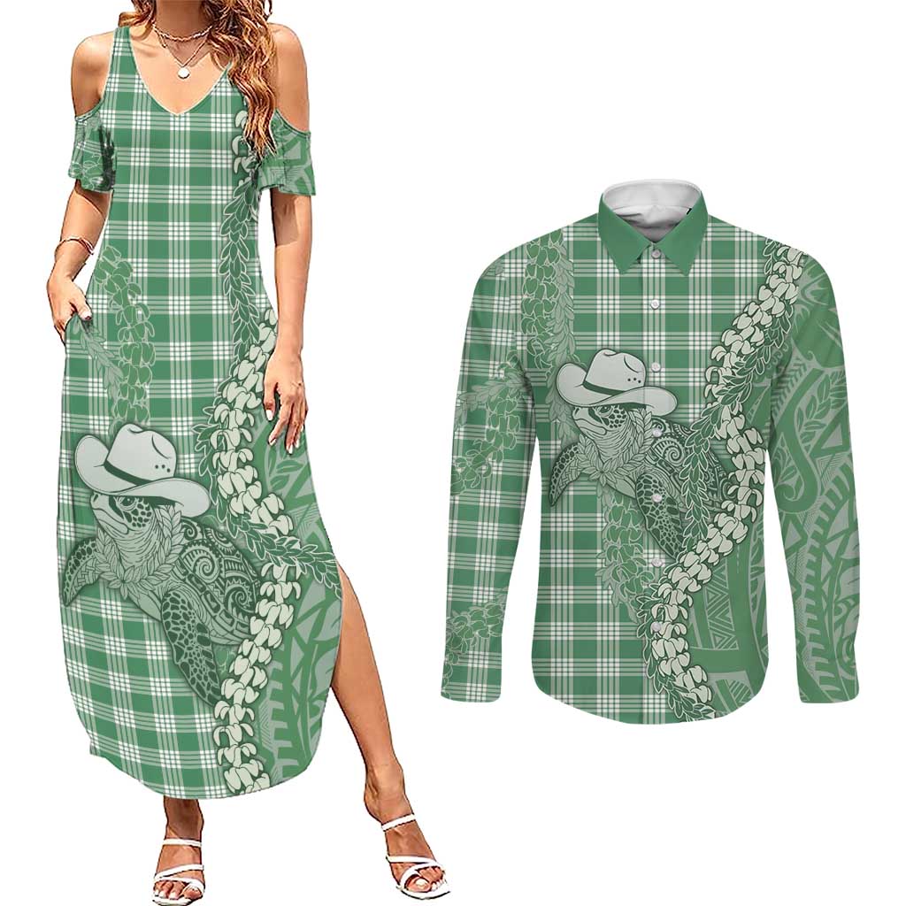Green Hawaii Palaka Cowboy Turtle Couples Matching Summer Maxi Dress and Long Sleeve Button Shirt Hawaiian Paniolo Puakenikeni Maile Lei - Polynesian Pride